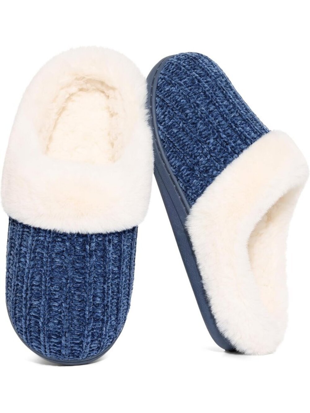 Women's Navy Blue Comfy Wool Like Lined Closed Toe Warm Knit House Slipper Shoes